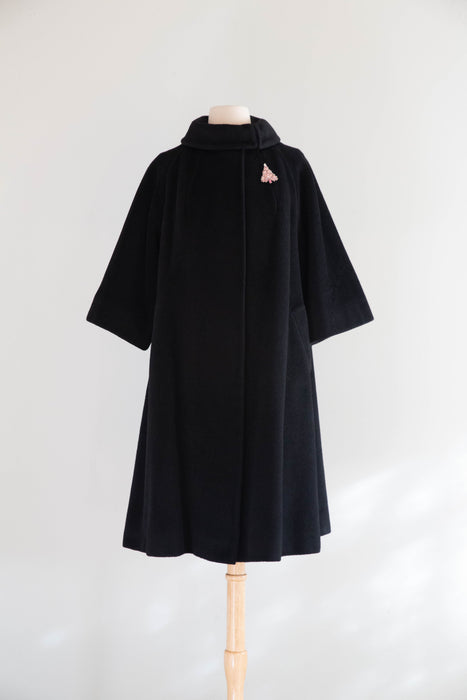 Fabulous 1950's Lilli Ann Black Cashmere Trapeze Swing Coat / M