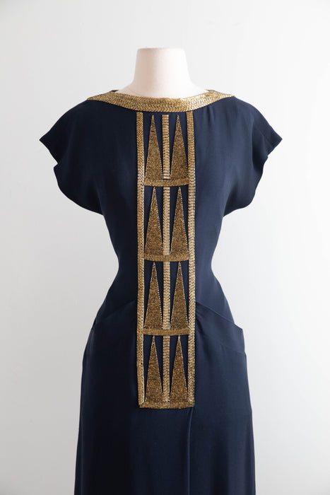 Elegant 1980s Karl Lagerfeld Navy Blue Silk Evening Gown With Gold Beading / M
