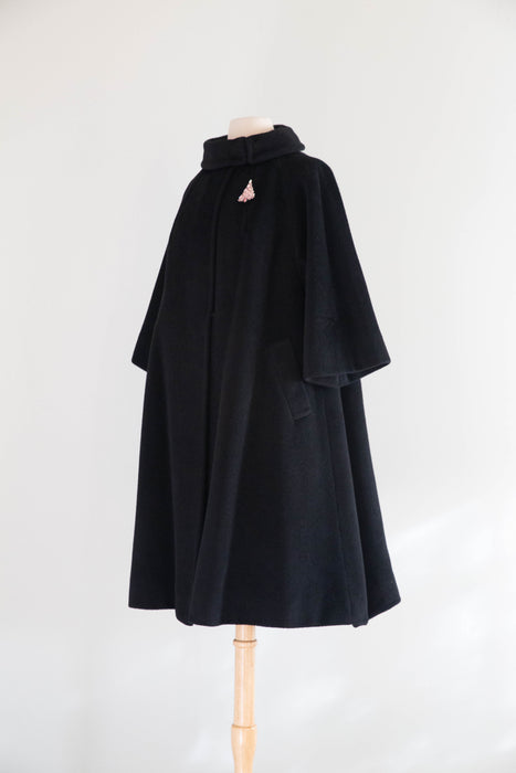 Fabulous 1950's Lilli Ann Black Cashmere Trapeze Swing Coat / M