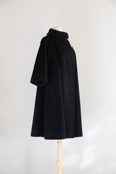 Fabulous 1950's Lilli Ann Black Cashmere Trapeze Swing Coat / M