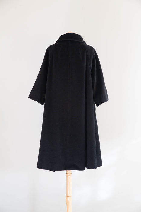 Fabulous 1950's Lilli Ann Black Cashmere Trapeze Swing Coat / M