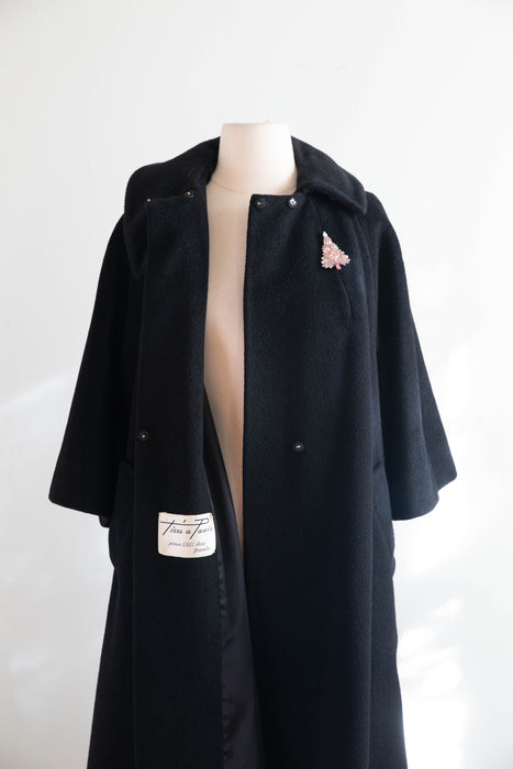 Fabulous 1950's Lilli Ann Black Cashmere Trapeze Swing Coat / M