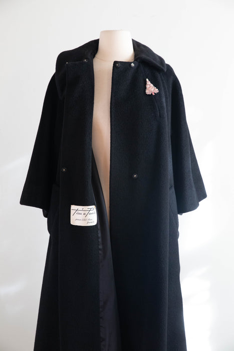 Fabulous 1950's Lilli Ann Black Cashmere Trapeze Swing Coat / M