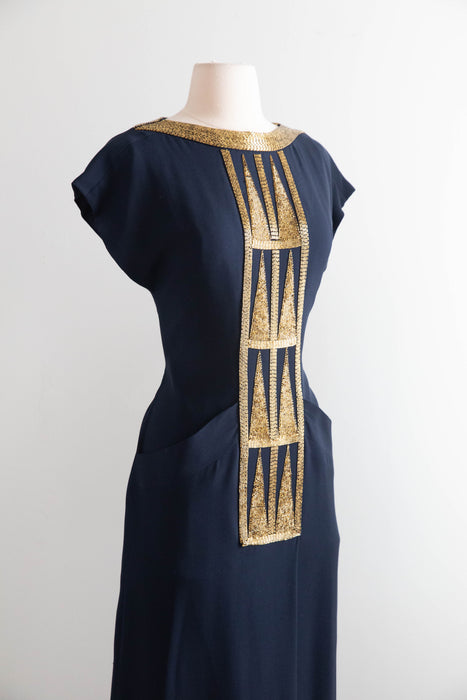 Elegant 1980s Karl Lagerfeld Navy Blue Silk Evening Gown With Gold Beading / M
