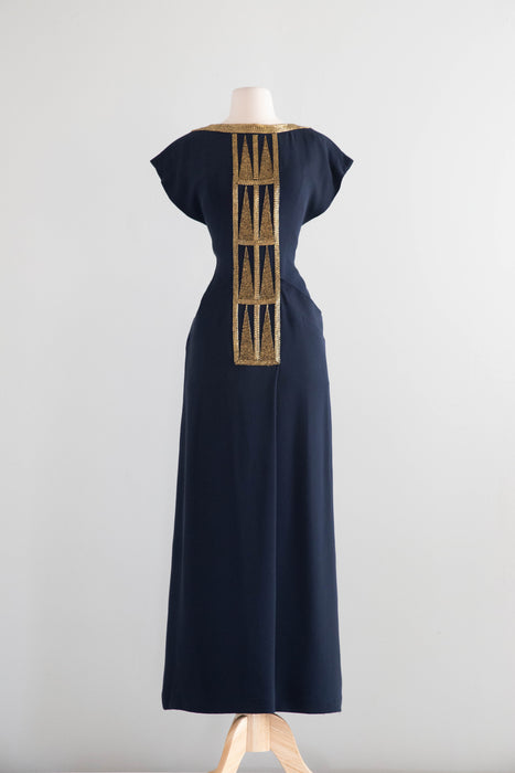 Elegant 1980s Karl Lagerfeld Navy Blue Silk Evening Gown With Gold Beading / M
