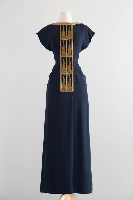 Elegant 1980s Karl Lagerfeld Navy Blue Silk Evening Gown With Gold Beading / M