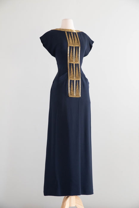 Elegant 1980s Karl Lagerfeld Navy Blue Silk Evening Gown With Gold Beading / M