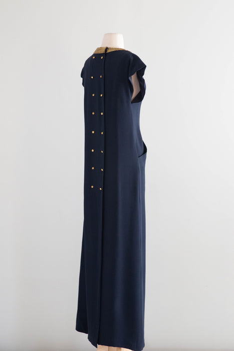 Elegant 1980s Karl Lagerfeld Navy Blue Silk Evening Gown With Gold Beading / M