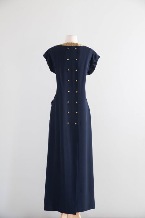 Elegant 1980s Karl Lagerfeld Navy Blue Silk Evening Gown With Gold Beading / M