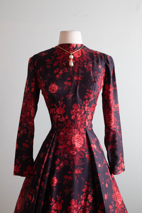 Stunning 1950's Estevez Silk Rose Print Cocktail Dress / Medium