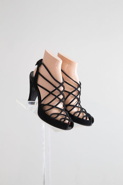 Divine 1940's De La Mar Salon Shoes in Black Suede / 7 B