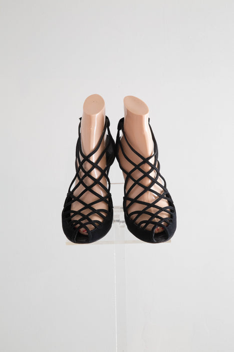 Divine 1940's De La Mar Salon Shoes in Black Suede / 7 B