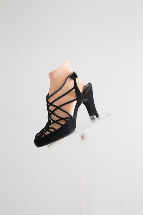 Divine 1940's De La Mar Salon Shoes in Black Suede / 7 B