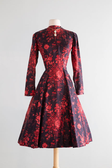 Stunning 1950's Estevez Silk Rose Print Cocktail Dress / Medium