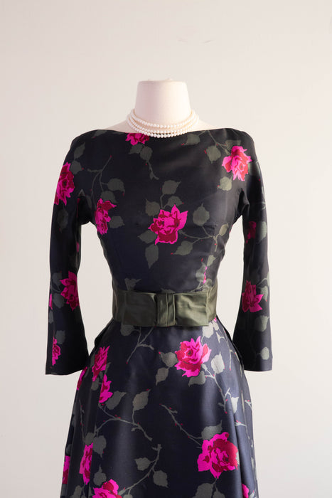 Classic Late 1950's Silk Rose Print Cocktail Dress By Abe Schrader / Small