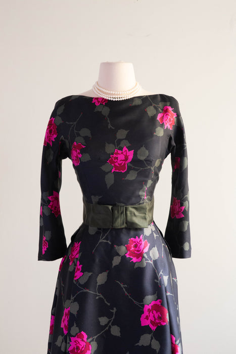 Classic Late 1950's Silk Rose Print Cocktail Dress By Abe Schrader / Small