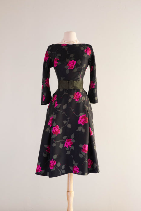 Classic Late 1950's Silk Rose Print Cocktail Dress By Abe Schrader / Small