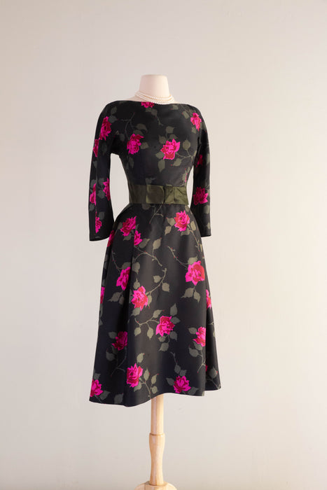 Classic Late 1950's Silk Rose Print Cocktail Dress By Abe Schrader / Small