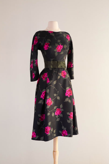 Classic Late 1950's Silk Rose Print Cocktail Dress By Abe Schrader / Small