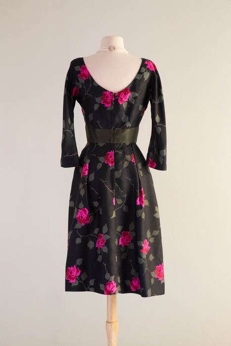 Classic Late 1950's Silk Rose Print Cocktail Dress By Abe Schrader / Small