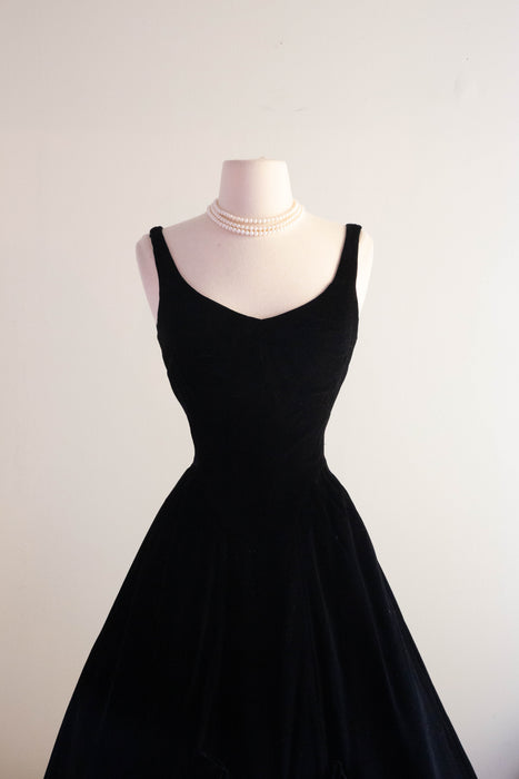 Iconic 1950's Black Velvet Cocktail Dress By Miss Elliette / Waist 26"