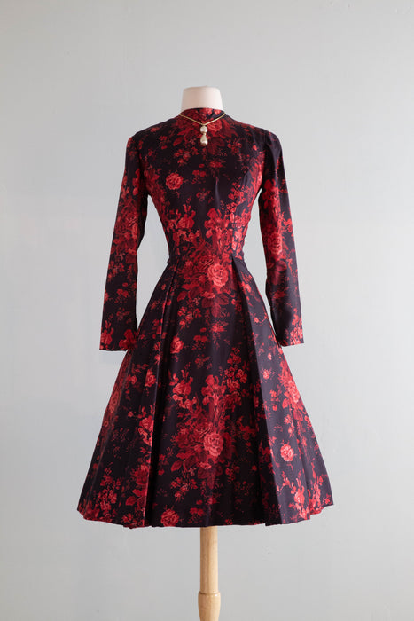 Stunning 1950's Estevez Silk Rose Print Cocktail Dress / Medium