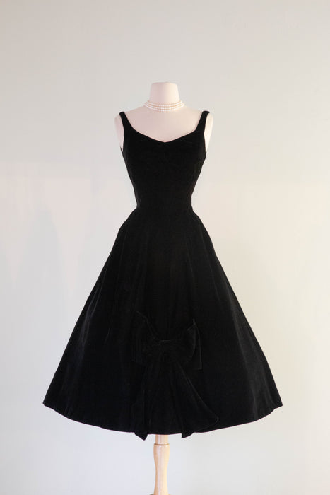 Iconic 1950's Black Velvet Cocktail Dress By Miss Elliette / Waist 26