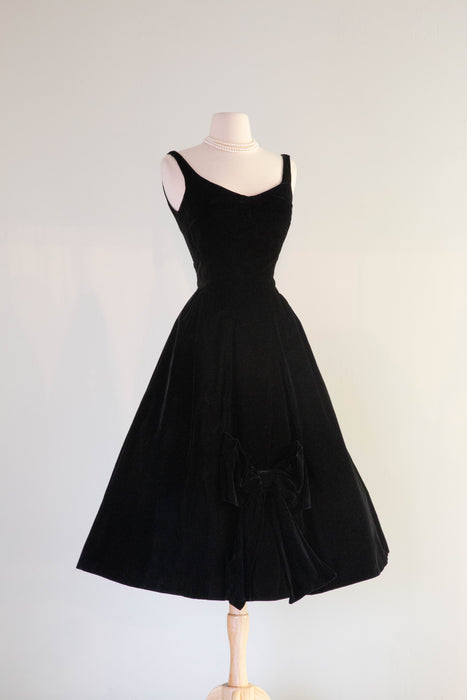 Iconic 1950's Black Velvet Cocktail Dress By Miss Elliette / Waist 26"