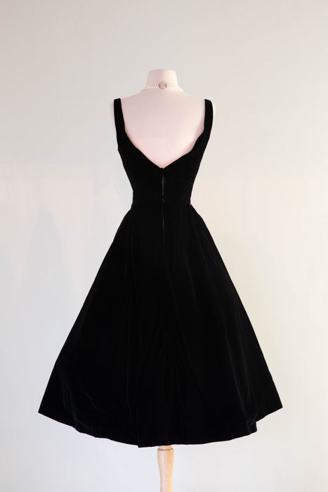 Iconic 1950's Black Velvet Cocktail Dress By Miss Elliette / Waist 26
