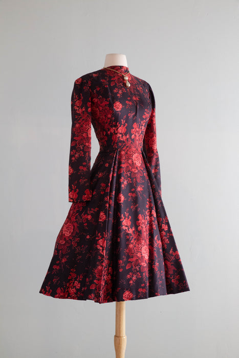 Stunning 1950's Estevez Silk Rose Print Cocktail Dress / Medium