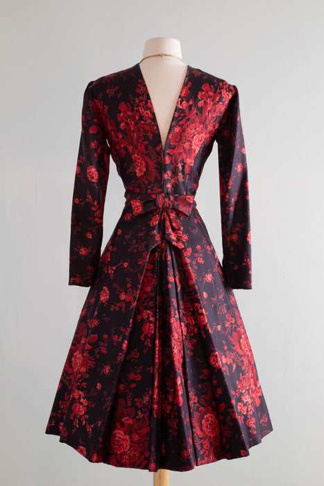 Stunning 1950's Estevez Silk Rose Print Cocktail Dress / Medium