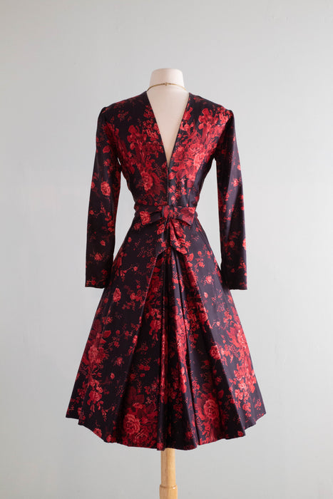 Stunning 1950's Estevez Silk Rose Print Cocktail Dress / Medium