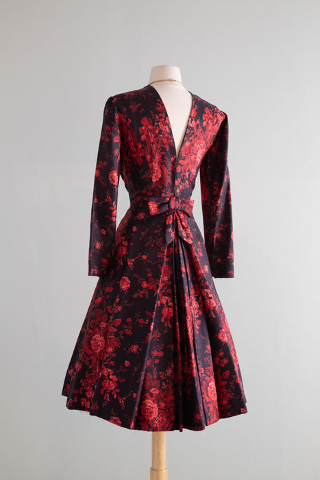 Stunning 1950's Estevez Silk Rose Print Cocktail Dress / Medium