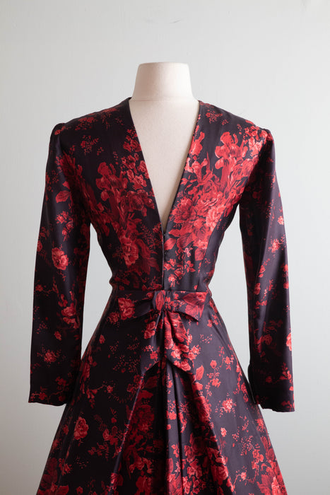 Stunning 1950's Estevez Silk Rose Print Cocktail Dress / Medium