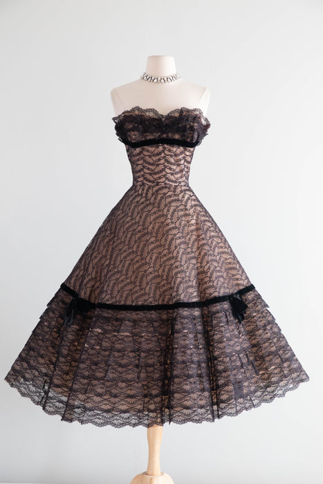 Breathtaking 1950's Illusion Lace Strapless Evening Dress By Mollie Stone / S