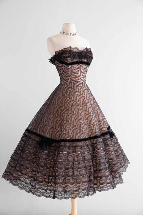 Breathtaking 1950's Illusion Lace Strapless Evening Dress By Mollie Stone / S