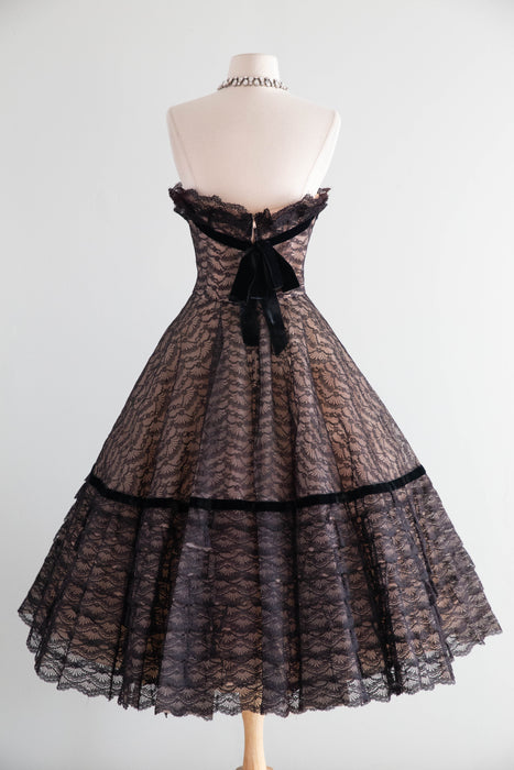 Breathtaking 1950's Illusion Lace Strapless Evening Dress By Mollie Stone / S