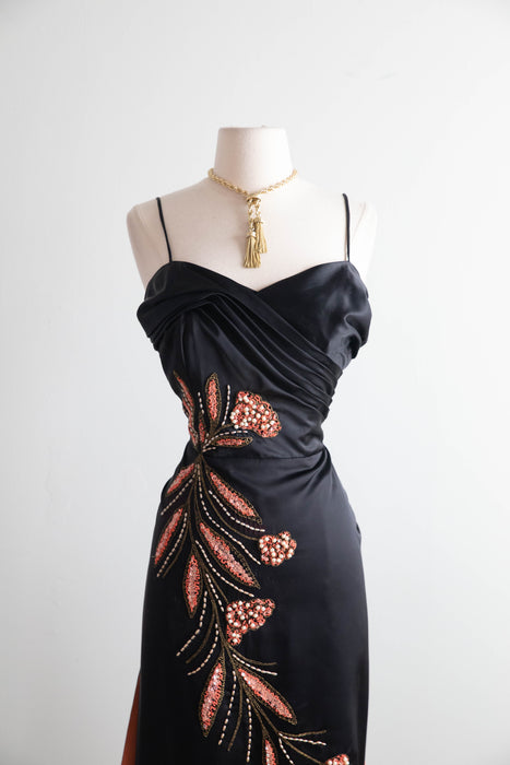 Glamourous 1950's Emma Domb Black Satin Cocktail Dress / SM