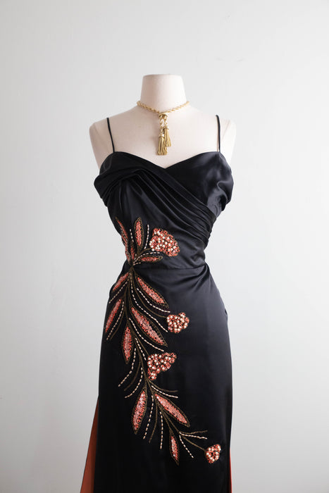 Glamourous 1950's Emma Domb Black Satin Cocktail Dress / SM