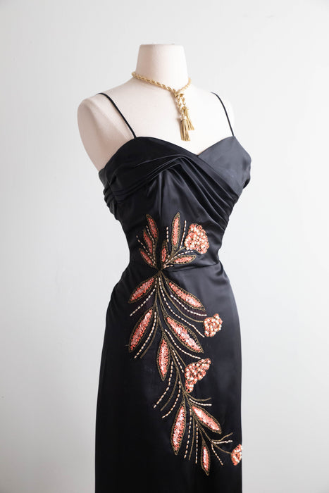 Glamourous 1950's Emma Domb Black Satin Cocktail Dress / SM