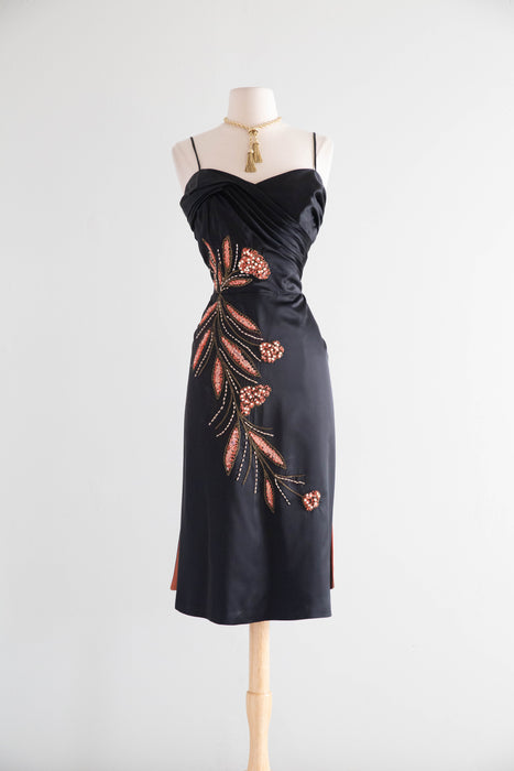Glamourous 1950's Emma Domb Black Satin Cocktail Dress / SM