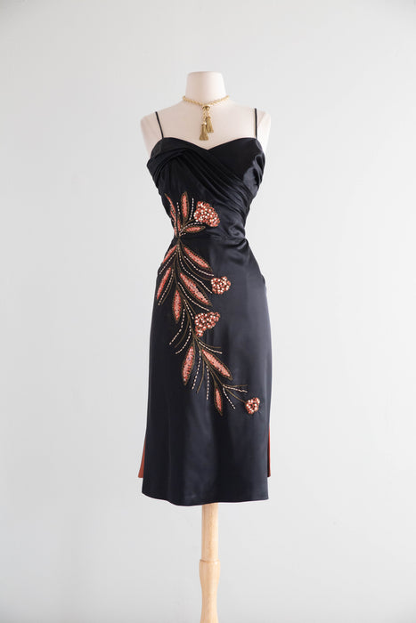 Glamourous 1950's Emma Domb Black Satin Cocktail Dress / SM