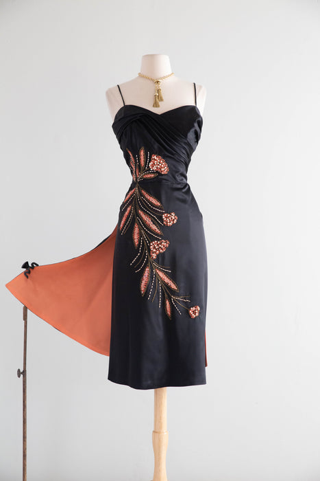 Glamourous 1950's Emma Domb Black Satin Cocktail Dress / SM