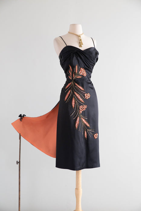 Glamourous 1950's Emma Domb Black Satin Cocktail Dress / SM