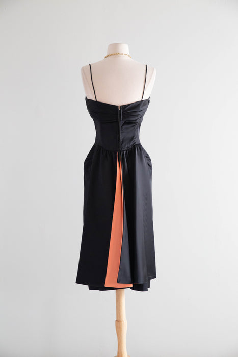 Glamourous 1950's Emma Domb Black Satin Cocktail Dress / SM