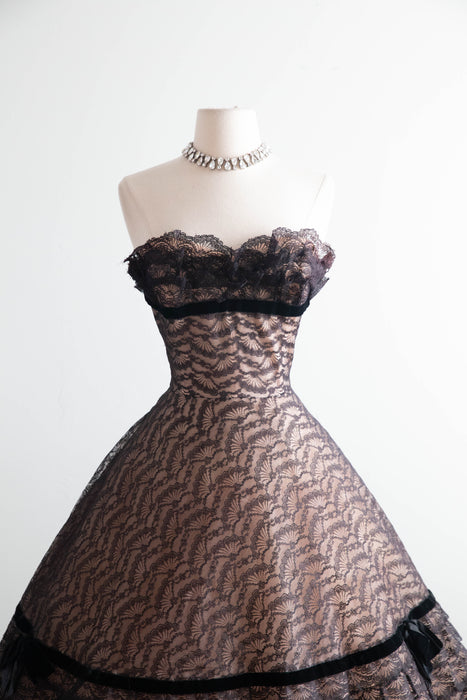 Breathtaking 1950's Illusion Lace Strapless Evening Dress By Mollie Stone / S