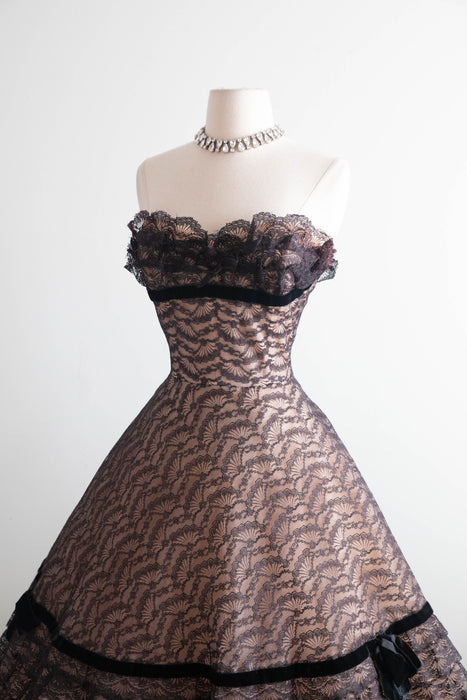 Breathtaking 1950's Illusion Lace Strapless Evening Dress By Mollie Stone / S