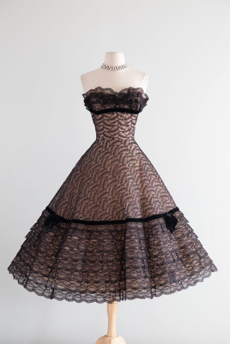 Breathtaking 1950's Illusion Lace Strapless Evening Dress By Mollie Stone / S