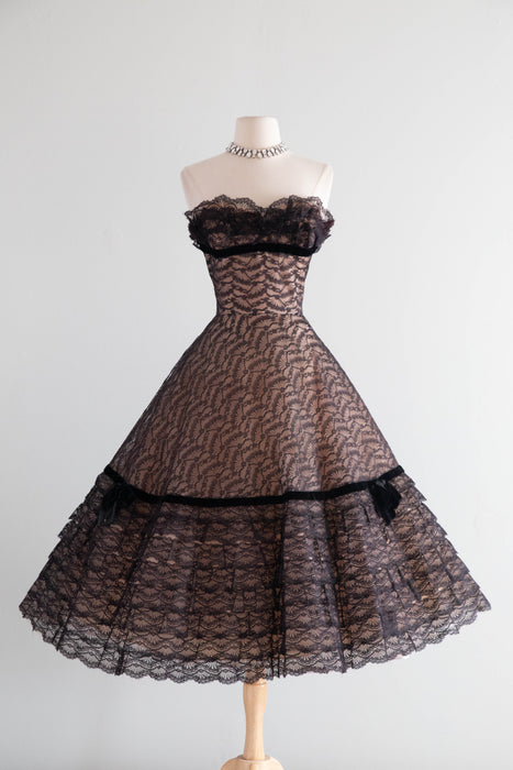 Breathtaking 1950's Illusion Lace Strapless Evening Dress By Mollie Stone / S