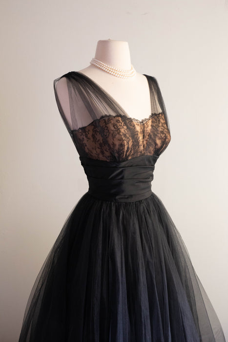 Stunning 1950's Black Illusion Lace Cocktail Party Dress By de Michel Originals / Small